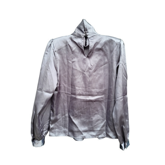 Vintage 80s David Benjamin Satin High Collar Drape Neck Puffy Shoulder Blouse - Picture 3 of 7